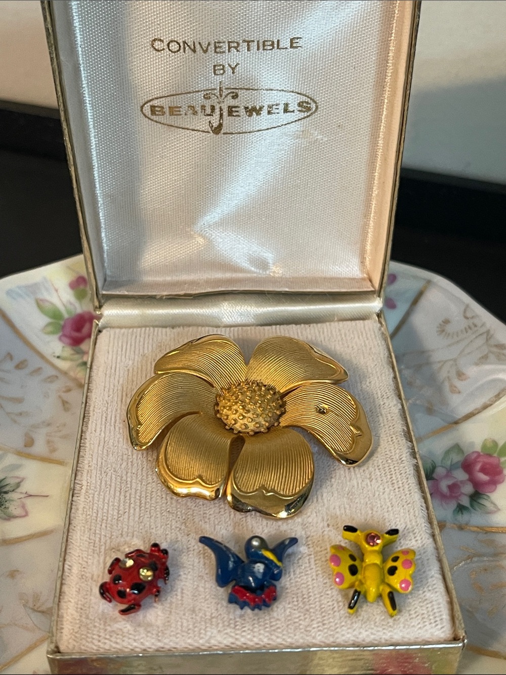 1950’s Beau Jewels Convertible Flower Brooch Original Box Enameled Charms